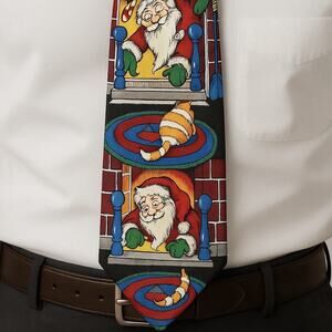 VTG Christmas Silk Tie Santa by Fireplace Cat Stocking Holiday Novelty Addiction